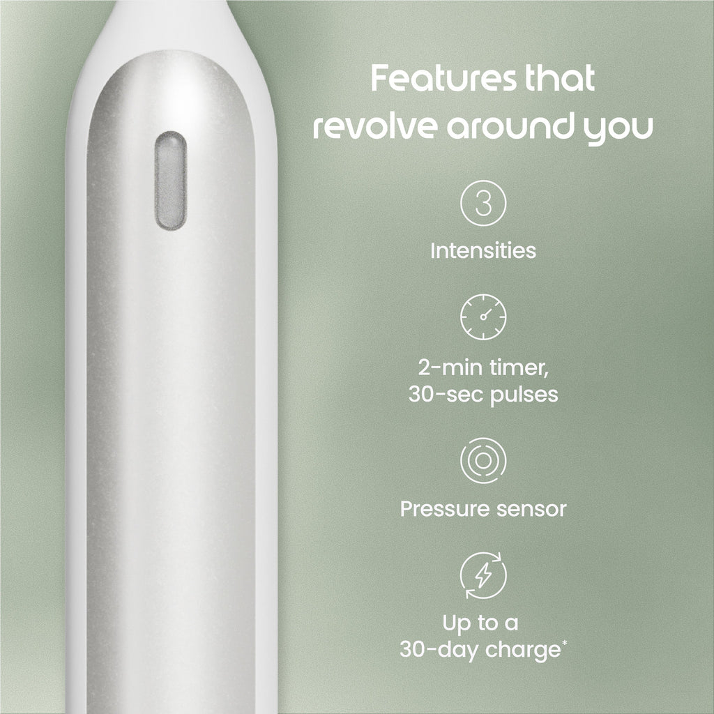 White electronic device with features listed on a green background