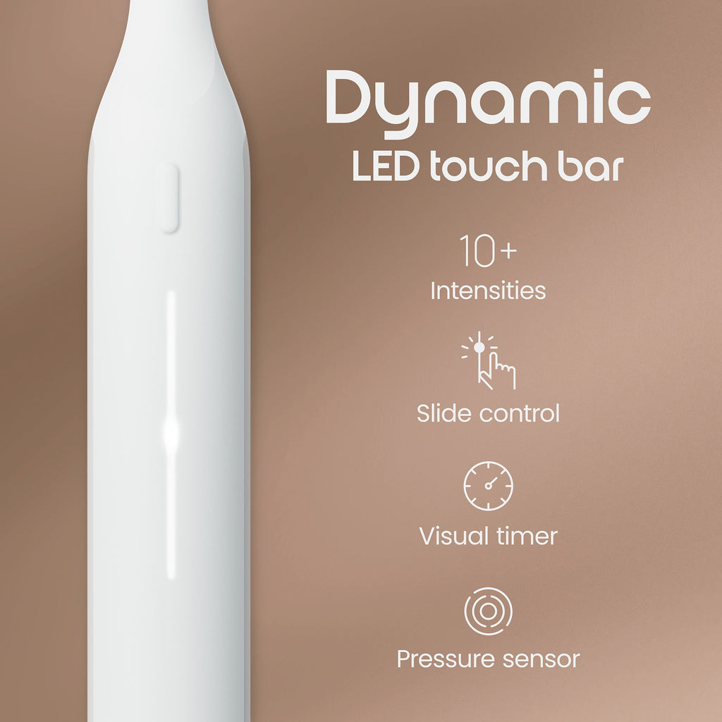 Product with dynamic LED touch bar features on a brown background