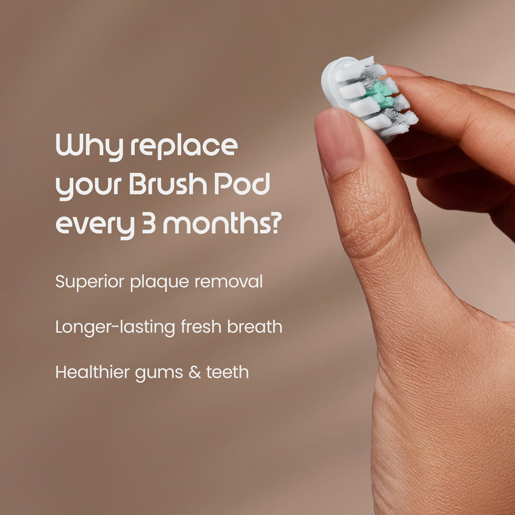 Hand holding a toothbrush head with text about replacing brush pods on a brown background