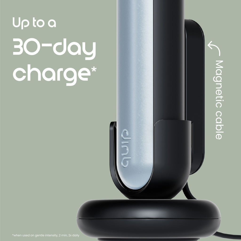 Black and silver electronic device with 'quip' branding on a light green background, highlighting magnetic cable feature.