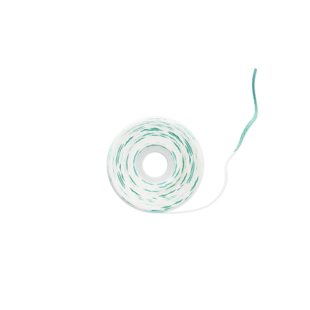 A roll of white twine with thin green stripes, shown on a plain white background with a single strand extending to the right.
