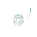 A roll of white twine with thin green stripes, shown on a plain white background with a single strand extending to the right.