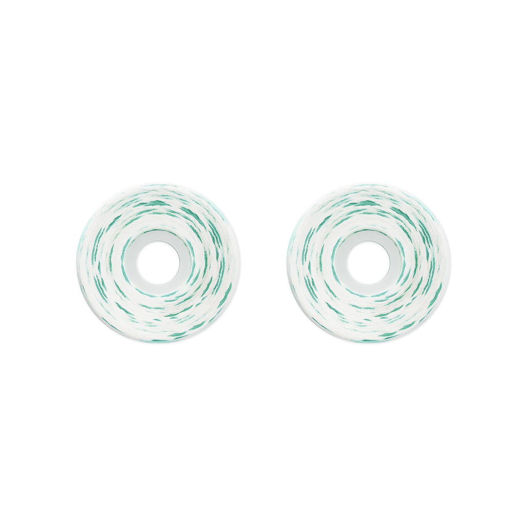 Two white skateboard wheels with a green and black swirled pattern, shown side-by-side on a plain white background.