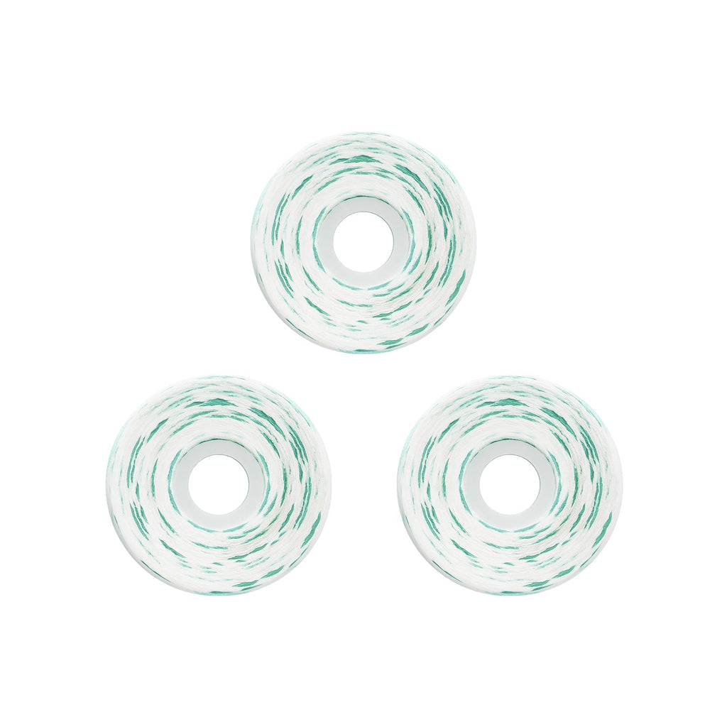 Three white circular spacers or beads with a green marbled swirl pattern, arranged in a triangle on a solid white background.