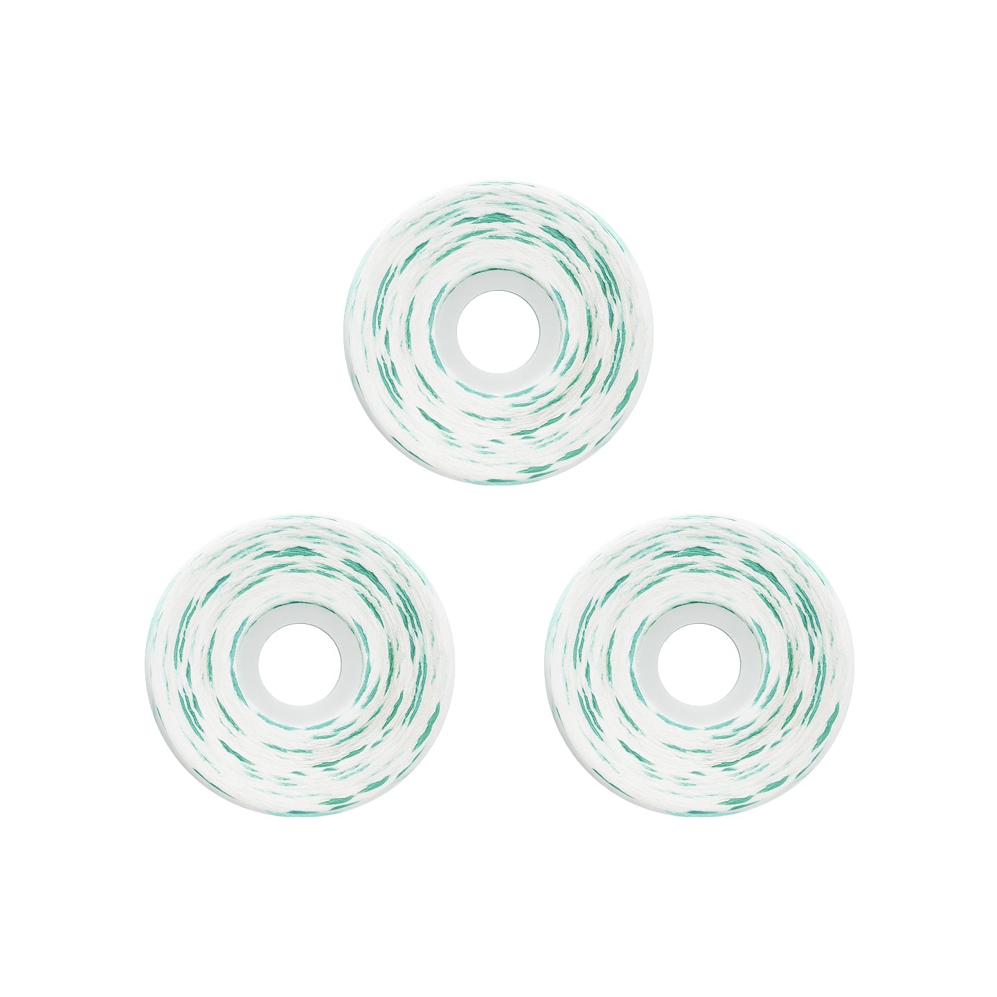 Three white circular spacers or beads with a green marbled swirl pattern, arranged in a triangle on a solid white background.