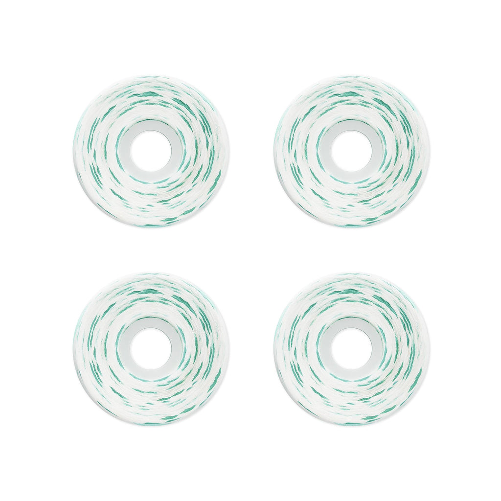Four skateboard wheels arranged in a 2x2 grid on a solid white background. The wheels are white with a distinctive mint green swirl pattern.