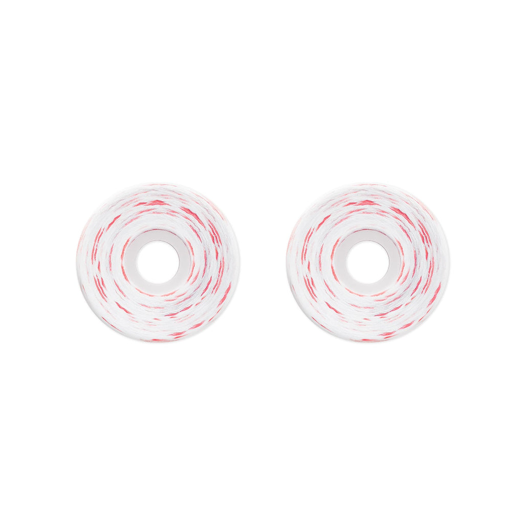 Two white skateboard wheels with red and white swirled tape, shown side-by-side on a plain white background.