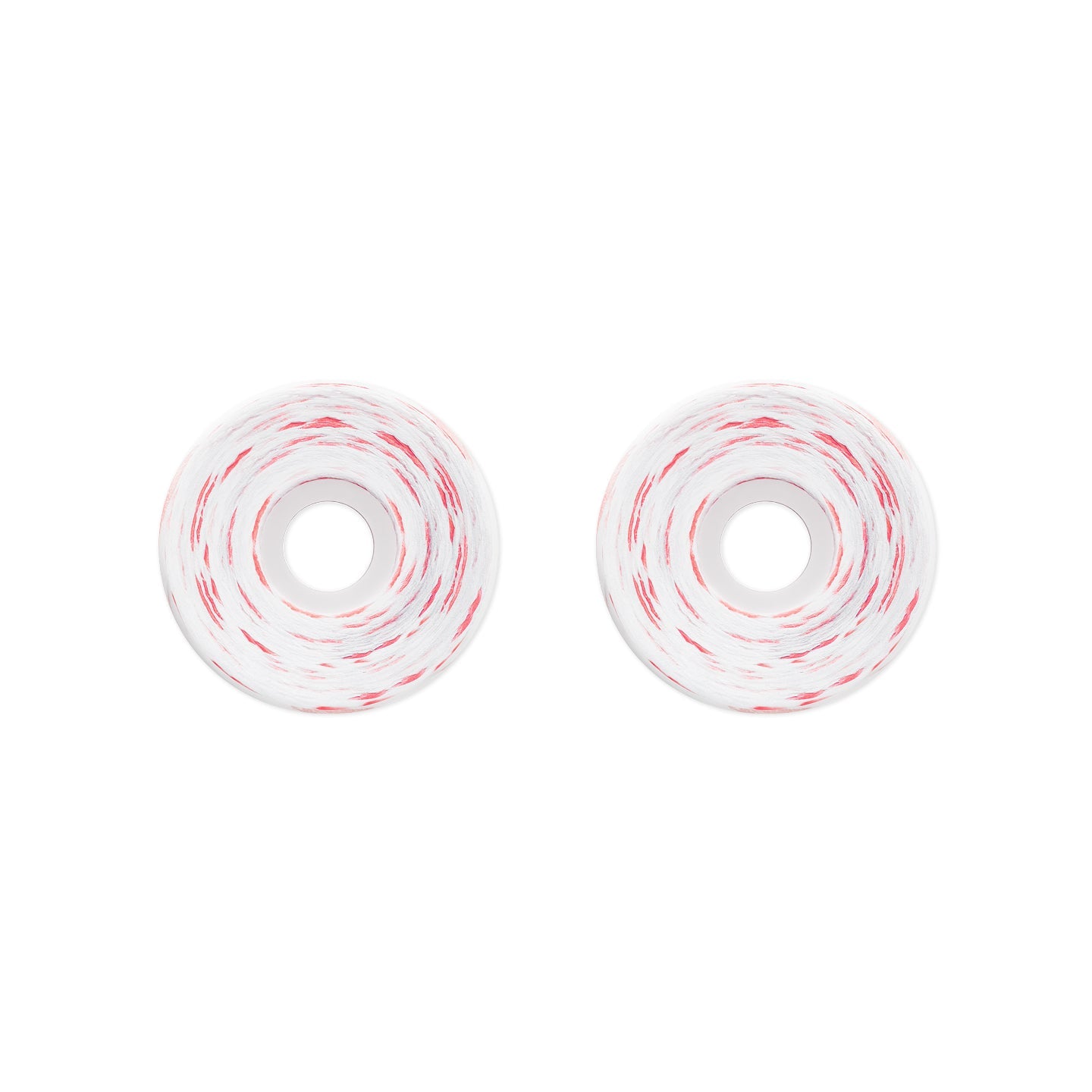 Two white skateboard wheels with red and white swirled tape, shown side-by-side on a plain white background.