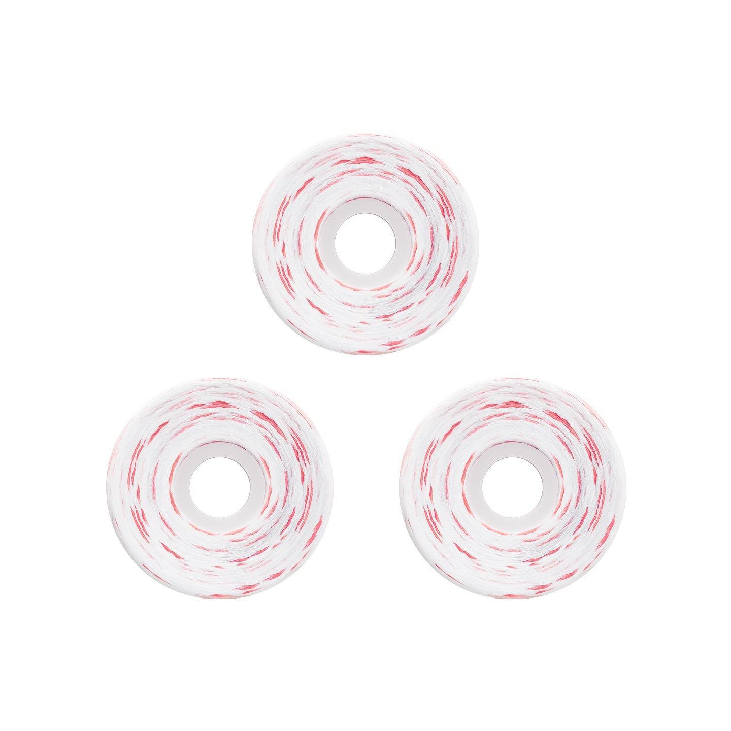 Three white skateboard wheels with red and black swirled urethane, arranged in a triangle on a white background.