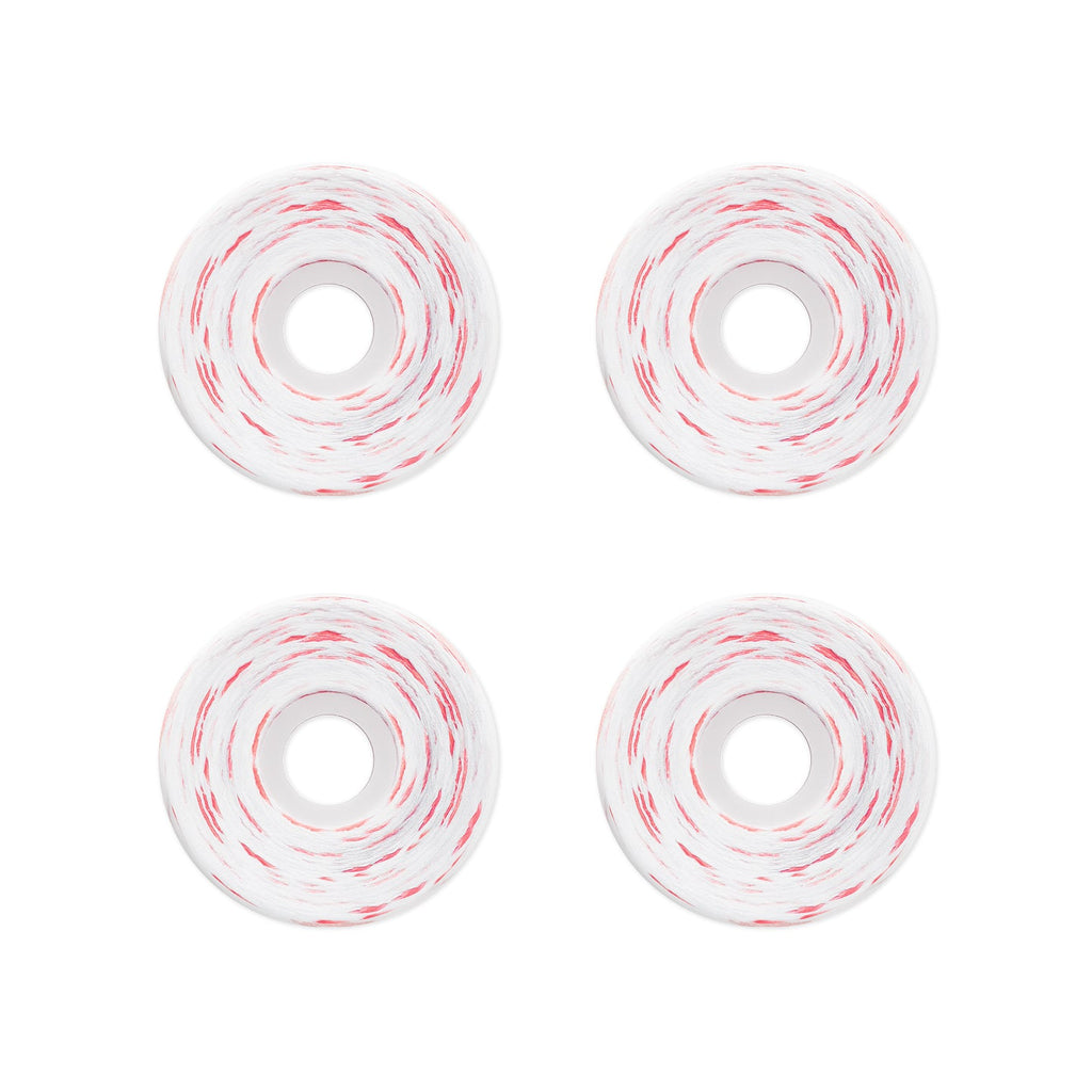 Four white skateboard wheels with red swirl patterns, arranged in a 2x2 grid on a solid white background.